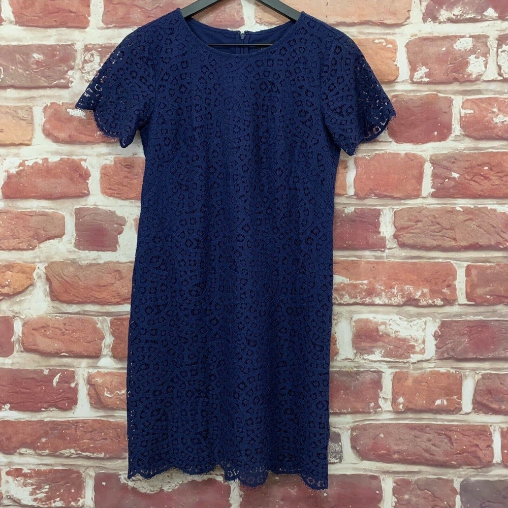 ANN TAYLOR WOMEN'S BLUE EMBROIDERED ABSTRACT SCALLOPED ZIP UP DRESS